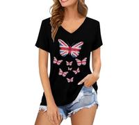 BIBOKAOKE Damen T-Shirt V-Ausschnitt Shirt mit Schmetterlingsdruck Lässiges Freizeitshirt mit Union Jack Motiv Bequemes Casual Top mit Rundhalsausschnitt Elegantes Kurzarmshirt