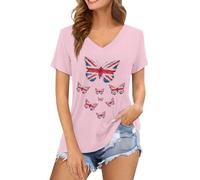 BIBOKAOKE Damen T-Shirt V-Ausschnitt Shirt mit Schmetterlingsdruck Lässiges Freizeitshirt mit Union Jack Motiv Bequemes Casual Top mit Rundhalsausschnitt Elegantes Kurzarmshirt
