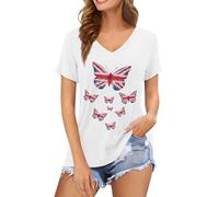 BIBOKAOKE Damen T-Shirt V-Ausschnitt Shirt mit Schmetterlingsdruck Lässiges Freizeitshirt mit Union Jack Motiv Bequemes Casual Top mit Rundhalsausschnitt Elegantes Kurzarmshirt