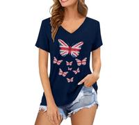 BIBOKAOKE Damen T-Shirt V-Ausschnitt Shirt mit Schmetterlingsdruck Lässiges Freizeitshirt mit Union Jack Motiv Bequemes Casual Top mit Rundhalsausschnitt Elegantes Kurzarmshirt