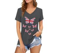 BIBOKAOKE Damen T-Shirt V-Ausschnitt Shirt mit Schmetterlingsdruck Lässiges Freizeitshirt mit Union Jack Motiv Bequemes Casual Top mit Rundhalsausschnitt Elegantes Kurzarmshirt
