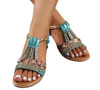 BIBOKAOKE Frauen Sandalen Sommer Boho Offene Schuhe Römersandalen Elastischen Knöchelriemchen Strandsandalen Keilabsatz Sandals Party Sommerschuhe Strass Riemchensandalen Slingback Sandalen