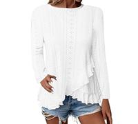 BIBOKAOKE Langarmshirt Damen Elegant Rundhals Bluse Puffärmel Lochstickerei Tunika Einfarbig Oberteil Leicht Und Luftig Pullover Festival Outfit Basic-T-Shirt Y2K