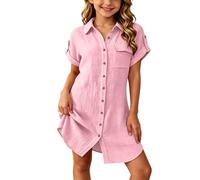 BIBOKAOKE Mädchen Hemdkleid Sommer Kurzarm Freizeitkleid Lässiges Knopfleisten Kleid Bequemes Tunikakleid Lockeres Langshirt Minikleid Komfort Partykleid