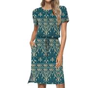 BIBOKAOKE Sommerkleid Damen Elegant Strandkleid Kurzarm Blusenkleid Lässig Locker Tunika Kleid Blumenmuster Freizeitkleid Mini Kleider Strandkleider Damen Sommer Freizeitkleider