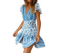 BIBOKAOKE Sommerkleid Damen Kurz Strandkleid Kurzärmliges Kleid Casual Lose Tunika Kleid Blumenmuster Freizeitkleid Mini Kleider Strandkleider Damen GroßE GrößEn Cocktailkleid