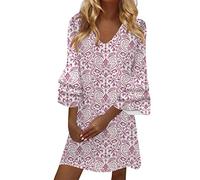 BIBOKAOKE Sommerkleid Damen Kurz Strandkleid Kurzarm Blusenkleid Lässig Locker Tunika Kleid Bedrucktes Freizeitkleid Boho Kleider Strandkleider Damen Sommer Lang Swingkleid