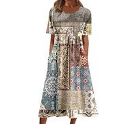 BIBOKAOKE Sommerkleid Damen Kurz Strandkleid Kurzarm Blusenkleid Lässig Locker Tunika Kleid Blumendruck Freizeitkleid Boho Kleider Strandkleider Damen Sommer Lang Swingkleid