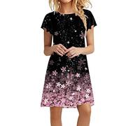 BIBOKAOKE Sommerkleid Damen Leicht Strandkleid Kurzärmliges Kleid Casual Lose Tunika Kleid Bunte Drucken Freizeitkleid Mini Kleider Strandkleider Damen Sommer Knielang Freizeitkleider