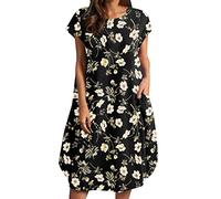 BIBOKAOKE Sommerkleid Damen Midi Strandkleid Kurzärmliges Kleid Lässig Locker Tunika Kleid Blumendruck Freizeitkleid Mini Kleider Strandkleider Damen Sommer Lang Swing Kleid