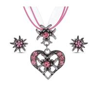 Bieiyhe Trachtenschmuck Damen Set, Dirndl Schmuck Oktoberfest Accessoires, Trachtenkette und Ohrringe, Outfit zum Oktoberfest, Dirndl Halskette, Dirndlschmuck Herz mit Edelweiss und Rosa Band