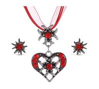 Bieiyhe Trachtenschmuck Damen Set, Dirndl Schmuck Oktoberfest Accessoires, Trachtenkette und Ohrringe, Outfit zum Oktoberfest, Dirndl Halskette, Dirndlschmuck Herz mit Edelweiss und Rote Band