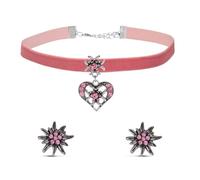 Bieiyhe Trachtenschmuck Damen Set, Dirndl Schmuck Oktoberfest Accessoires, Trachtenkette und Ohrringe, Outfit zum Oktoberfest, Dirndl Halskette, Dirndlschmuck Herz mit Edelweiss und Rosa Samt