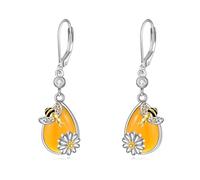 Biene Leverback Ohrringe Bernstein Teardrop Sterling Silber Dangle Drop Ohrringe Bumble Bee Flower Schmuck Geschenke für Frauen Mädchen