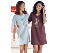 Bigshirt, Damen, Gr. 44/46, bunt (bordeaux, hellblau), Single Jersey, Obermaterial: 100% Baumwolle, VIVANCE DREAMS BY LASCANA, bedruckt, Basic, loose fit mini, Rundhals, abgesteppt, Shirts, mit Frontd