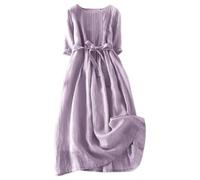BIISDOST Einfarbiges, Plissiertes Retro-Freizeitkleid mit Schnürung für Damen aus Baumwolle und Leinen mit Kleid Langarm Festlich (Purple, XXXL)