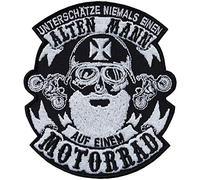Biker Aufnäher bestickt "Unterschätze niemals einen alten Mann auf einem Motorrad" Aufbügler/Patch zum annähen | Bügelbilder Motorrad Applikation für Leder und Motorradzubehör | 100x85mm