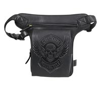 Biker Beintasche Herren Leder, Motorrad Hüfttasche Vintage, Drop Leg Bag mit Oberschenkelgurt, Custom Skull Design (Glatt Schwarz)