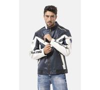 Bikerjacke CIPO & BAXX "CM230", Herren, Gr. L, navy, weiß, Stoff, 47% Polyurethan, 43% Polyester, 10% Viskose, gestreift, festlich, relaxed fit normal, Rundhals, Jacken, Motorrad-Look mit sportlichem 