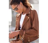 Bikerjacke LASCANA, Damen, Gr. 36, cognacfarben, Stoff, Obermaterial: 95% Polyester, 5% Elasthan. Futter: 100% Polyester, unifarben, figurbetont hüftlang, mit Reißverschluss, Jacken, in Veloursleder-O