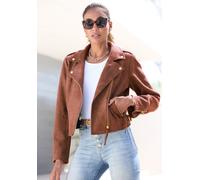 Bikerjacke LASCANA "in Veloursleder-Optik", Damen, Gr. 44, braun (cognacfarben), Stoff, Obermaterial: 95% Polyester, 5% Elasthan. Futter: 100% Polyester, unifarben, figurbetont taillenlang, mit Reißve