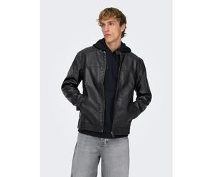 Bikerjacke ONLY & SONS "MIKE PU RACER JACKET", Herren, Gr. XS, schwarz, Web, Obermaterial: 85% Polyester, 10% Viskose, 5% Baumwolle. Futter: 100% Polyester. Füllung: 100% Polyurethan, unifarben, regul