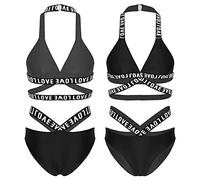 Bikini Badeanzug Damen Damen Badeanzug Kreuz Bandage Brief Gedruckt Bikini Set Badebekleidung Neckholder Neck BH Mit Slips Badeanzug-Black_S