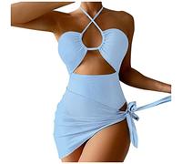 Bikini Bauchweg Damen Bikini Hose High Waist 2023 Frauen-Bikini-Set gedrucktes ärmelloses dreiteiliges Strand-Abnutzungs-heißes reizvolles Badeanzug Madchen 128 Badeanzug Mit Rock (Blue, M)