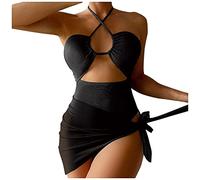 Bikini Bauchweg Damen Bikini Hose High Waist 2023 Frauen-Bikini-Set gedrucktes ärmelloses dreiteiliges Strand-Abnutzungs-heißes reizvolles Badeanzug Madchen 128 Badeanzug Mit Rock (Black, L)