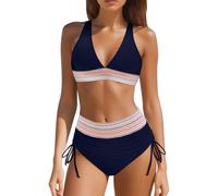 Bikini Damen Set 2026 Neu V Ausschnitt Sexy Badeanzug Bademode Hohe Taille Farbblock Zweiteiliger Kordelzug Badeanzüge Bikinis Swimsuit