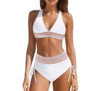 Bikini Damen Set 2026 Neu V Ausschnitt Sexy Badeanzug Bademode Hohe Taille Farbblock Zweiteiliger Kordelzug Badeanzüge Bikinis Swimsuit