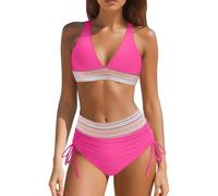 Bikini Damen Set 2026 Neu V Ausschnitt Sexy Badeanzug Bademode Hohe Taille Farbblock Zweiteiliger Kordelzug Badeanzüge Bikinis Swimsuit