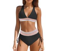 Bikini Damen Set 2026 Neu V Ausschnitt Sexy Badeanzug Bademode Hohe Taille Farbblock Zweiteiliger Kordelzug Badeanzüge Bikinis Swimsuit