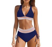 Bikini Damen Set 2026 Neu V Ausschnitt Sexy Badeanzug Bademode Hohe Taille Farbblock Zweiteiliger Kordelzug Badeanzüge Bikinis Swimsuit