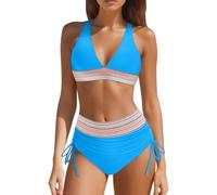 Bikini Damen Set 2026 Neu V Ausschnitt Sexy Badeanzug Bademode Hohe Taille Farbblock Zweiteiliger Kordelzug Badeanzüge Bikinis Swimsuit