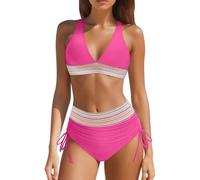 Bikini Damen Set 2026 Neu V Ausschnitt Sexy Badeanzug Bademode Hohe Taille Farbblock Zweiteiliger Kordelzug Badeanzüge Bikinis Swimsuit