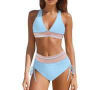 Bikini Damen Set 2026 Neu V Ausschnitt Sexy Badeanzug Bademode Hohe Taille Farbblock Zweiteiliger Kordelzug Badeanzüge Bikinis Swimsuit