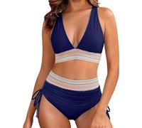 Bikini Damen Set 2026 Sommer Neu V Ausschnitt Sexy Badeanzug Bademode Hohe Taille Farbblock Zweiteiliger Kordelzug Badeanzüge Push Up Bikinis Swimsuit Sport Bikini-Sets für Damen Mädchen Strandmode