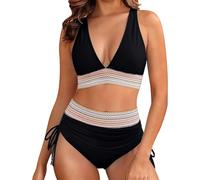 Bikini Damen Set 2026 Sommer Neu V Ausschnitt Sexy Badeanzug Bademode Hohe Taille Farbblock Zweiteiliger Kordelzug Badeanzüge Push Up Bikinis Swimsuit Sport Bikini-Sets für Damen Mädchen Strandmode