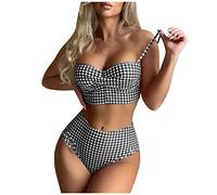 Bikini Damen Set Bauch Weg High Waist Kariert Badeanzug Damen Bauchweg Push Up Bademode Zweiteilig String Bikinis Frauen Weißen Punkten Triangel Bikini-Sets Badeanzüge Träger 2 Teiler