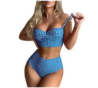 Bikini Damen Set Bauch Weg High Waist Kariert Badeanzug Damen Bauchweg Push Up Bademode Zweiteilig String Bikinis Frauen Weißen Punkten Triangel Bikini-Sets Badeanzüge Träger 2 Teiler