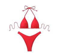 Bikini Damen Set Damen Bikini Brustpolster Sexy Neckholder Bikini Zweiteiliges Set mit Kordelzug Riemen Solider Badeanzug(Red,S)