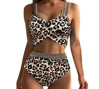 Bikini Damen Set - Damen-Bikini mit Leopardenmuster, hohe Taille, Bauchabdeckung, Pailletten, Gold, elastisches Band, geteiltes Badeanzug-Set Limette