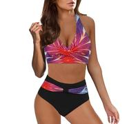 Bikini Damen Set High Waist Bademode Bauchweg Tankini Set mit Bindegürtel Push Up Bikinis Große Oberweite Zweiteiliger Badeanzug V Ausschnitt überkreuztes Geraffte Badebekleidung Swimsuit Bikini Sets