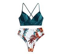 Bikini Damen Set High Waist - Spaghetti-Träger Bikini Damen Sexy Zweiteilig Badeanzug Cross Bandage Brazilian Style Boho Blumenmuster Bademode Strandmode Badeanzüge Bikini-Sets für Damen