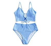 Bikini Damen Set High Waist - Träger Bikini Damen Cut Out Zweiteilig Badeanzug Sexy Lace-Up Bikinioberteile Hohe Taille Thong Bikinihose Bademode Strandmode Badeanzüge Bikini-Sets für