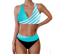 Bikini Damen Set Hohe Taille Bauchweg Badeanzug Zweiteilig Sexy V Ausschnitt Push Up Bikini Bunt Gestreift Bademode Grosse Grössen Beach Pool Bikini