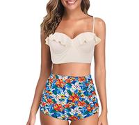 Bikini Damen Set mit Bügel - High Waist Bikini Damen Push Up Zweiteilig Badeanzug Sexy Brazilian Style Blattdruck Große Brüste Bademode Strandmode Badeanzüge Bikini-Sets für Damen