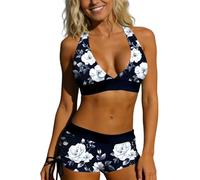 Bikini Damen Set mit bügel von, Bikini Damen Set Zweiteiler Neckholder Top und High Waist Shorts Blumenmuster Y2K Bikinis mit Push Up Sport Bauchweg Teenager Bustier Badeanzüge für Strand, Blau, S