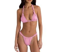 Bikini Damen Set Neckholder Triangel Gepolstert Triangel Bikini Einfarbig Badeanzüg Zweiteiliger Sexy String Badeanzug Pink S